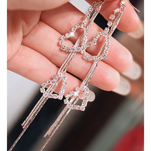 Lady Rhinestone Double Love Heart Drop Long Tassels Chain Dangle Linear Earrings-Silver