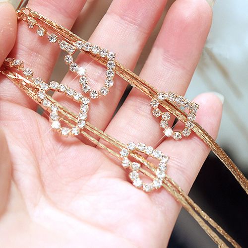 Lady Rhinestone Double Love Heart Drop Long Tassels Chain Dangle Linear Earrings-Silver