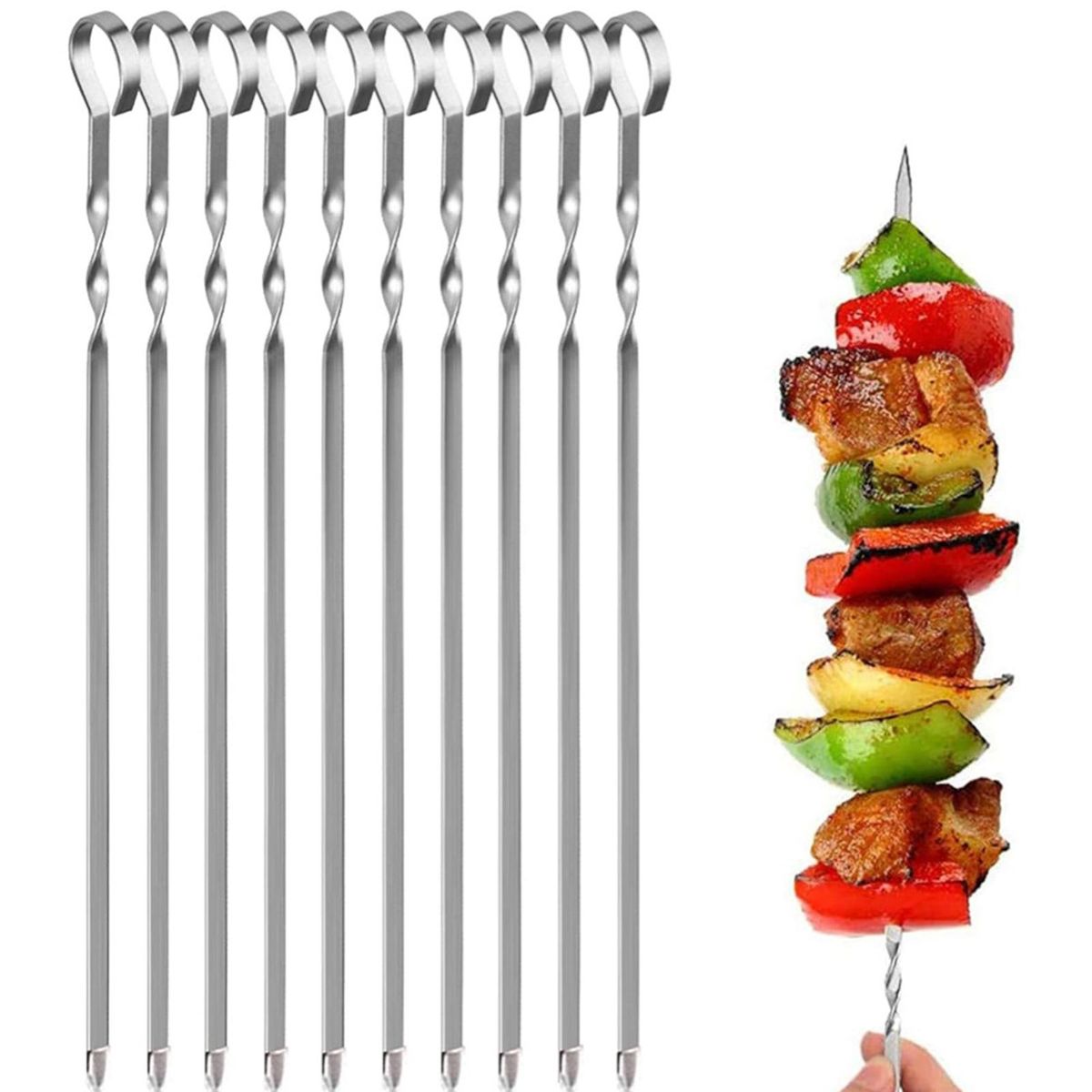 16 Inch Barbecue Skewer Sticks 10PCS Grilling Flat Kabob Reusable Metal Skewers Stainless Steel BBQ Shish Kabob Tools for Hot Dog Meats Vegetables Steak