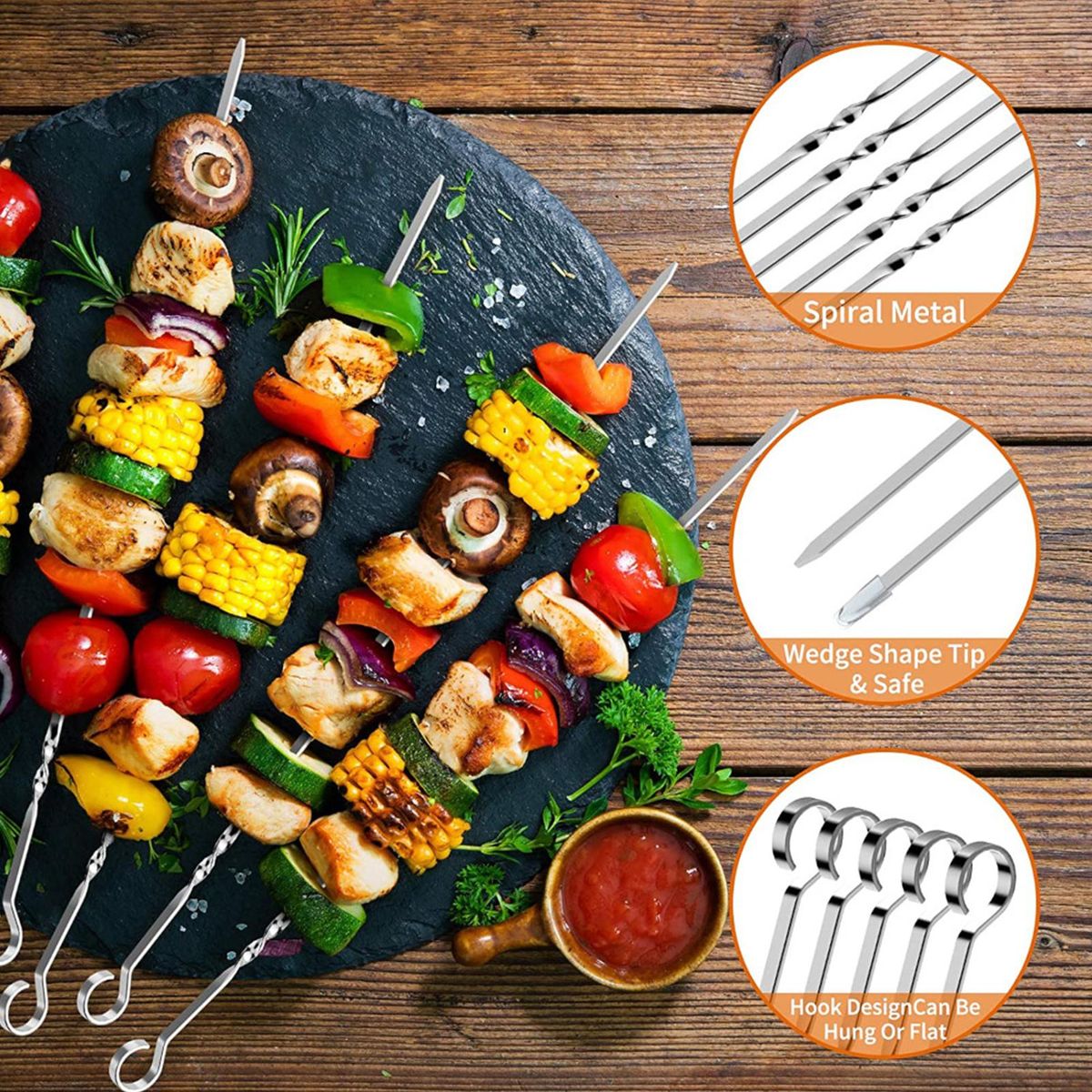 16 Inch Barbecue Skewer Sticks 10PCS Grilling Flat Kabob Reusable Metal Skewers Stainless Steel BBQ Shish Kabob Tools for Hot Dog Meats Vegetables Steak
