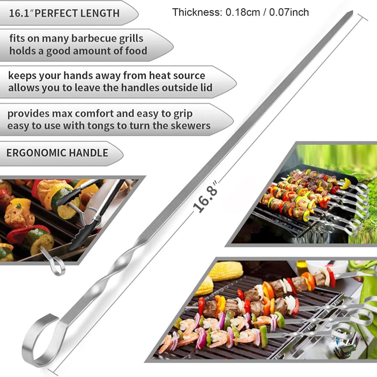16 Inch Barbecue Skewer Sticks 10PCS Grilling Flat Kabob Reusable Metal Skewers Stainless Steel BBQ Shish Kabob Tools for Hot Dog Meats Vegetables Steak