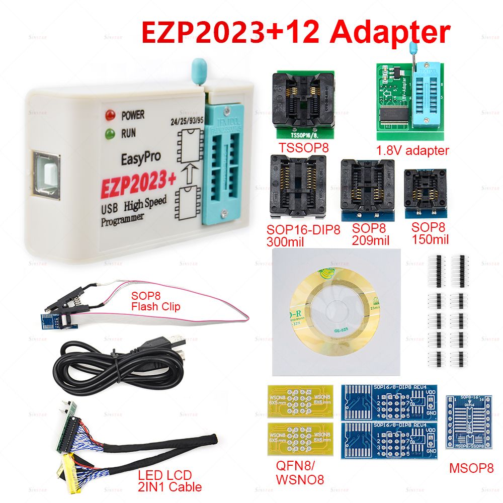 100%  EZP2023 USB  Programmer + 12 Adpters Support 24 25 93 95  Flash Bios
