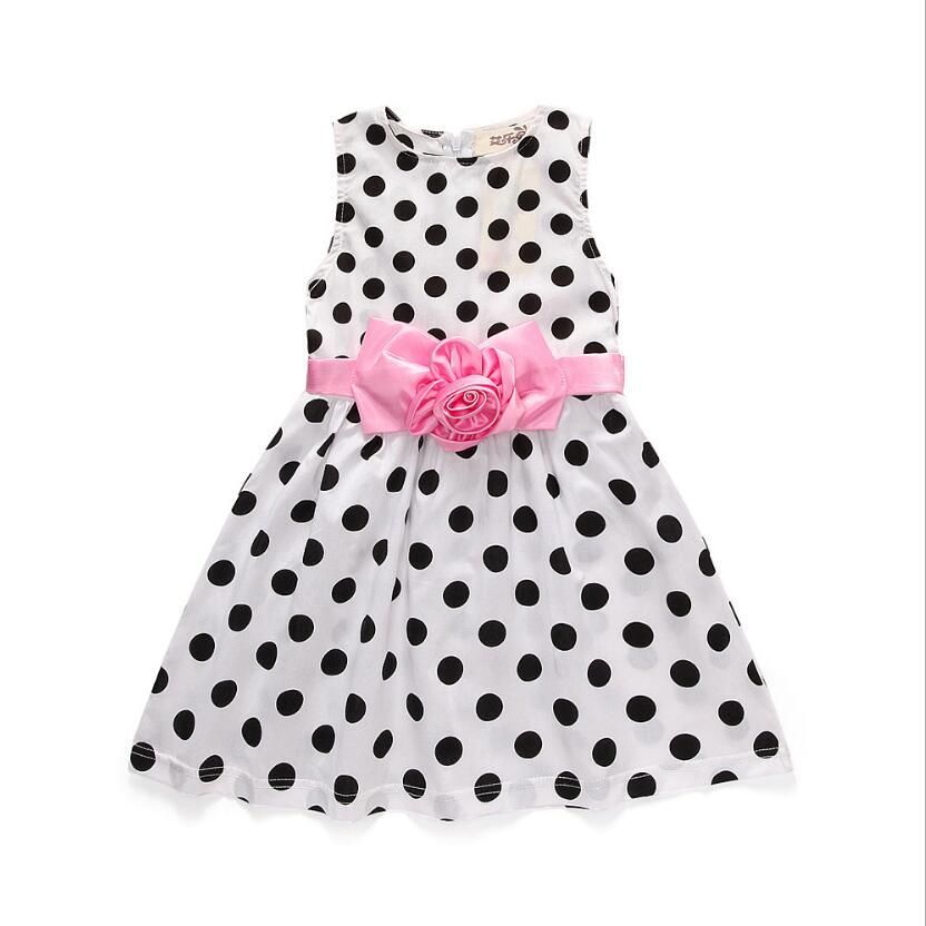 Korean Summer Baby Children Sleeveless Dot Flower Belt Girls Dress-White