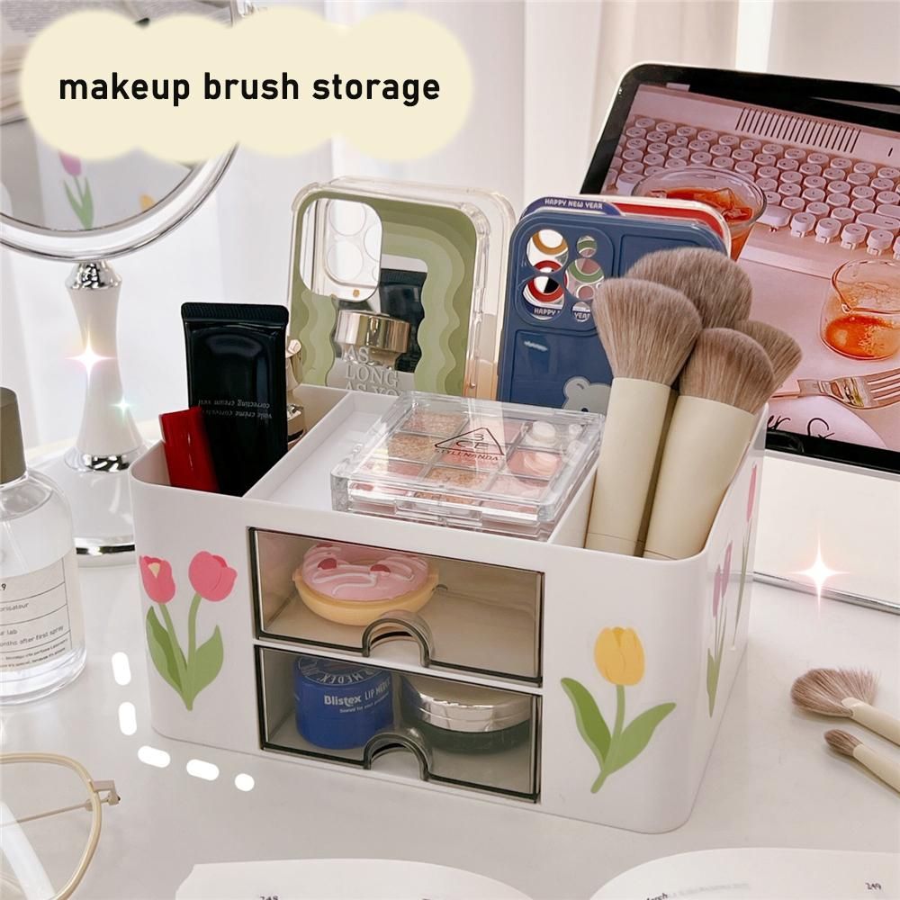 Large Capacity Desktop Organizer Solid Color Pen Holder With 2 Drawer Makeup Box Storage Box Stationery Container Office Tool