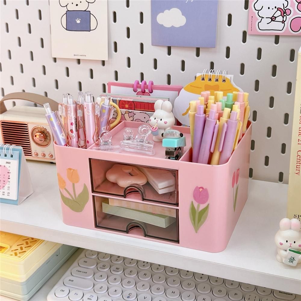 Large Capacity Desktop Organizer Solid Color Pen Holder With 2 Drawer Makeup Box Storage Box Stationery Container Office Tool