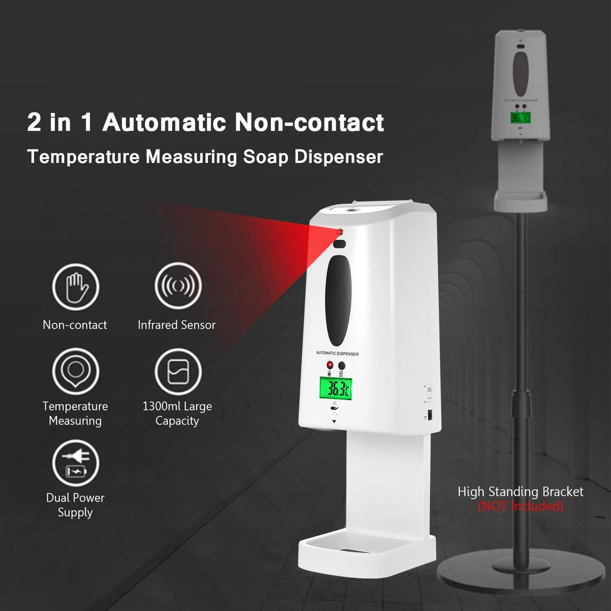 2 in 1 Automatic Non-contact Temperature Measuring Soap Dispenser with 3-Color Backlight LCD Screen 1300ml Auto Soap Dispenser Sprayer and Digital Infrared Thermometer Wall Mounted or Desktop for Home Commercial Public Places