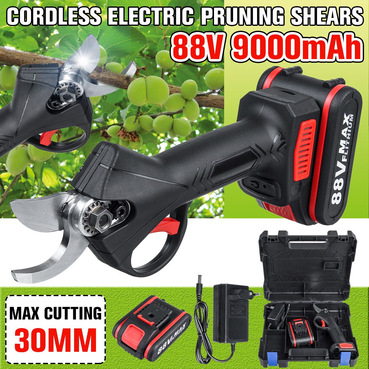 88V Rechargeable Cordless Trimmer ,Electric Pruning Shears Secateur ,Tree Branch Pruner Gardening Tools