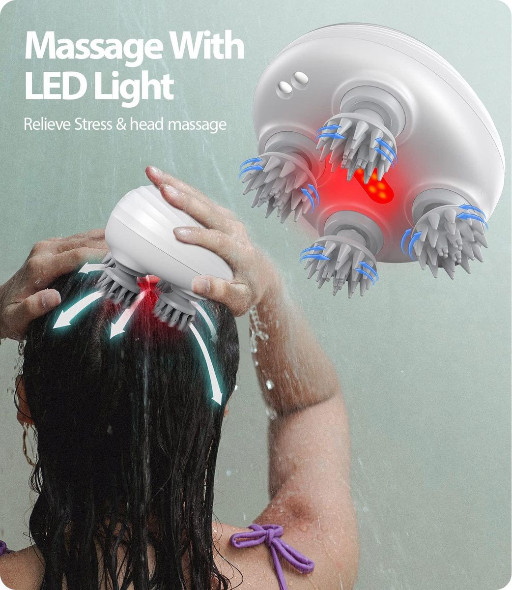 Electric Scalp Massager with LED Light, Waterproof Electric Hair Massager with 8 Massage Claws