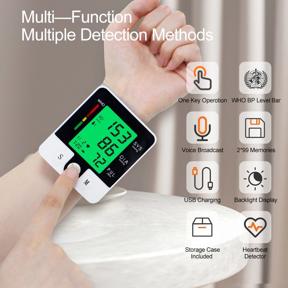 Rechargeable Wrist Blood Pressure Monitor Automatic Sphygmomanometer Tonometer Tensiometer Heart Rate Pulse Meter BP Monitor