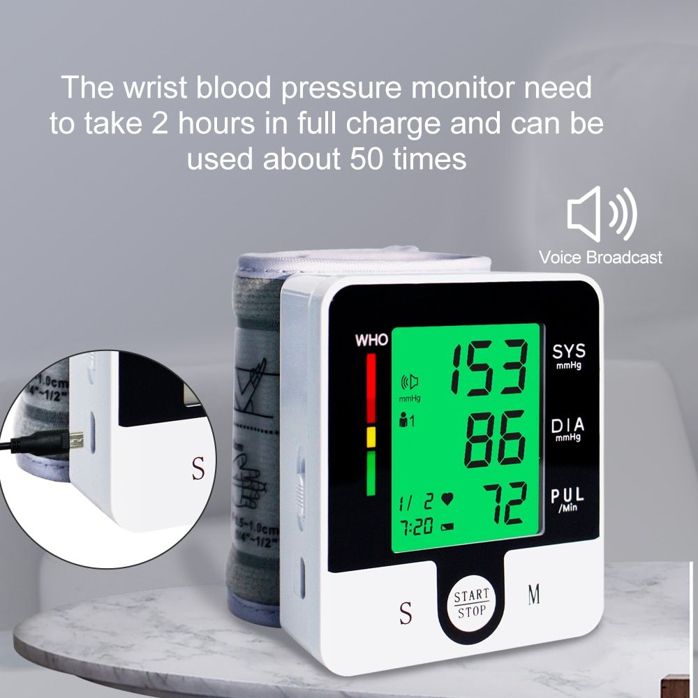 Rechargeable Wrist Blood Pressure Monitor Automatic Sphygmomanometer Tonometer Tensiometer Heart Rate Pulse Meter BP Monitor