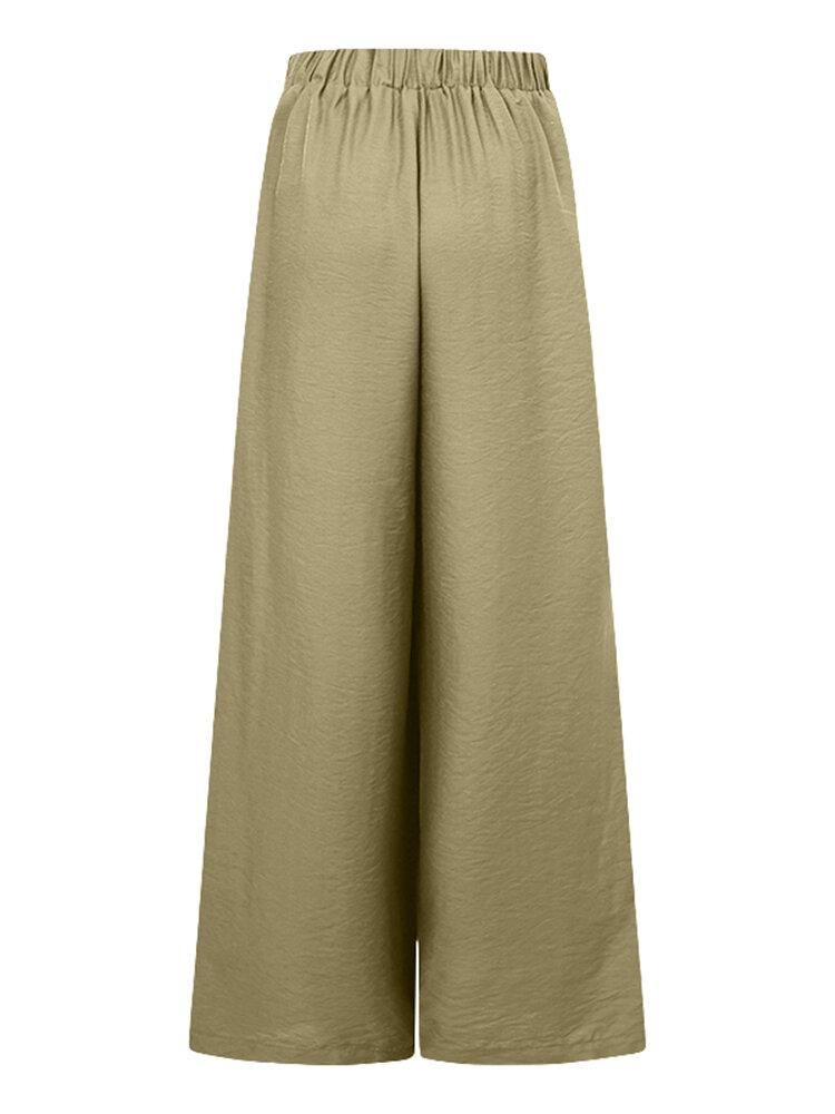 Women Pure Color High Elastic Waist Simple Wide Leg Pants With Pocket