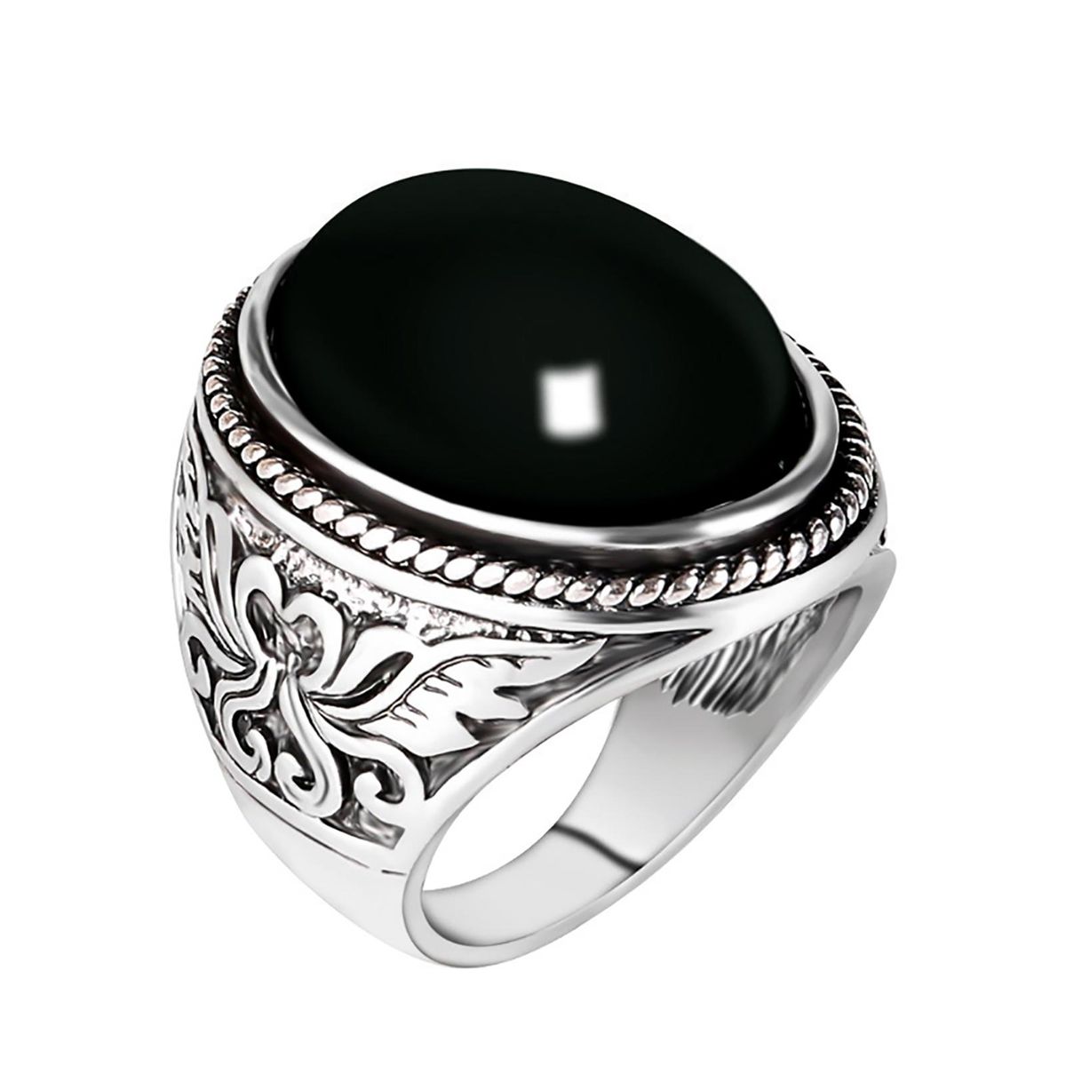 Men Vintage Artificial Gem Carving Band Finger Ring-Black