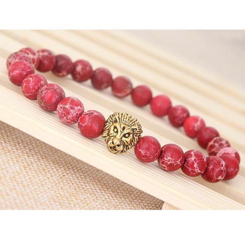 111788531322 STRETCH MEN'S RED SEA SEDIMENT JASPER STONE GOLD LION BEADED BRACELET 8 IN B92