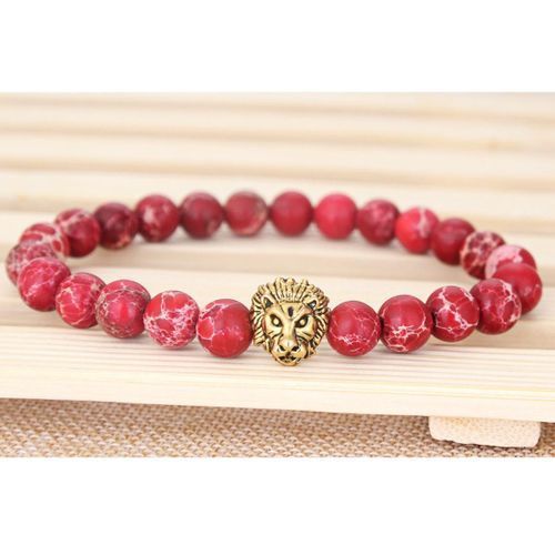 111788531322 STRETCH MEN'S RED SEA SEDIMENT JASPER STONE GOLD LION BEADED BRACELET 8 IN B92