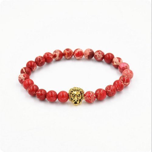 111788531322 STRETCH MEN'S RED SEA SEDIMENT JASPER STONE GOLD LION BEADED BRACELET 8 IN B92