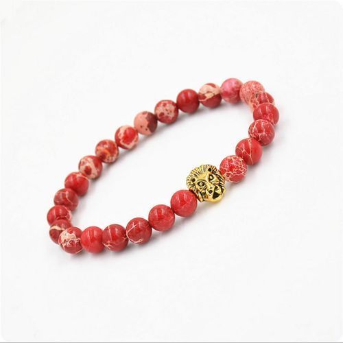 111788531322 STRETCH MEN'S RED SEA SEDIMENT JASPER STONE GOLD LION BEADED BRACELET 8 IN B92