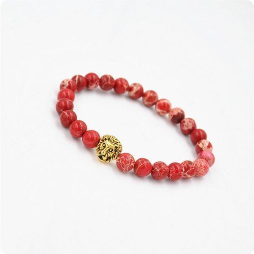 111788531322 STRETCH MEN'S RED SEA SEDIMENT JASPER STONE GOLD LION BEADED BRACELET 8 IN B92