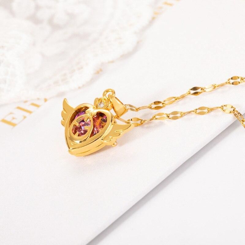 Design Sense Colorful Crystal Angel Wings Love Heart Women Necklace Korean Fashion Female Stainless Steel Clavicle Chain Jewelry
