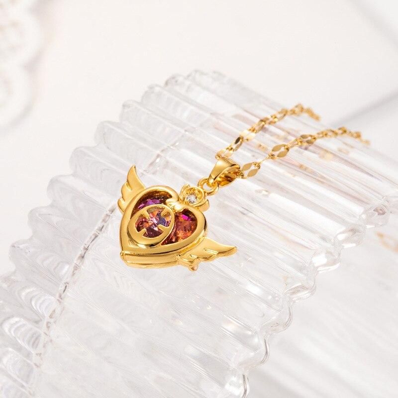 Design Sense Colorful Crystal Angel Wings Love Heart Women Necklace Korean Fashion Female Stainless Steel Clavicle Chain Jewelry