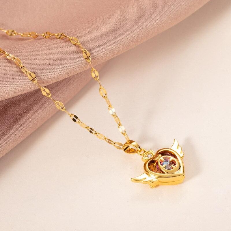 Design Sense Colorful Crystal Angel Wings Love Heart Women Necklace Korean Fashion Female Stainless Steel Clavicle Chain Jewelry