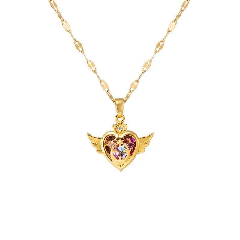 Design Sense Colorful Crystal Angel Wings Love Heart Women Necklace Korean Fashion Female Stainless Steel Clavicle Chain Jewelry