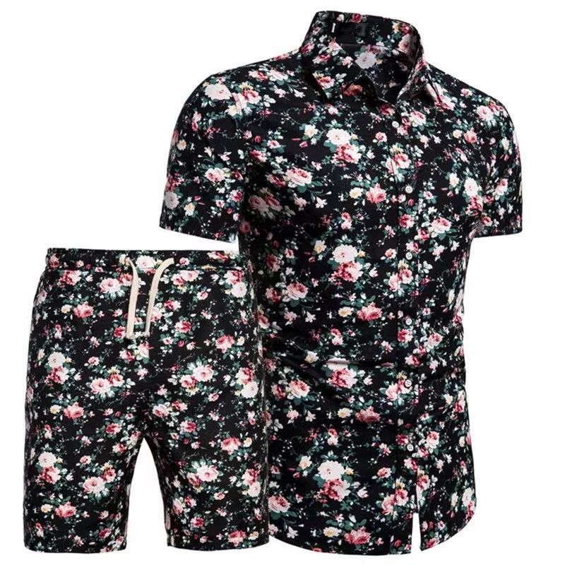 {MijaGrace} Men's Casual Floral Printed Shirt & Shorts 2 Piece Set - Wine Red