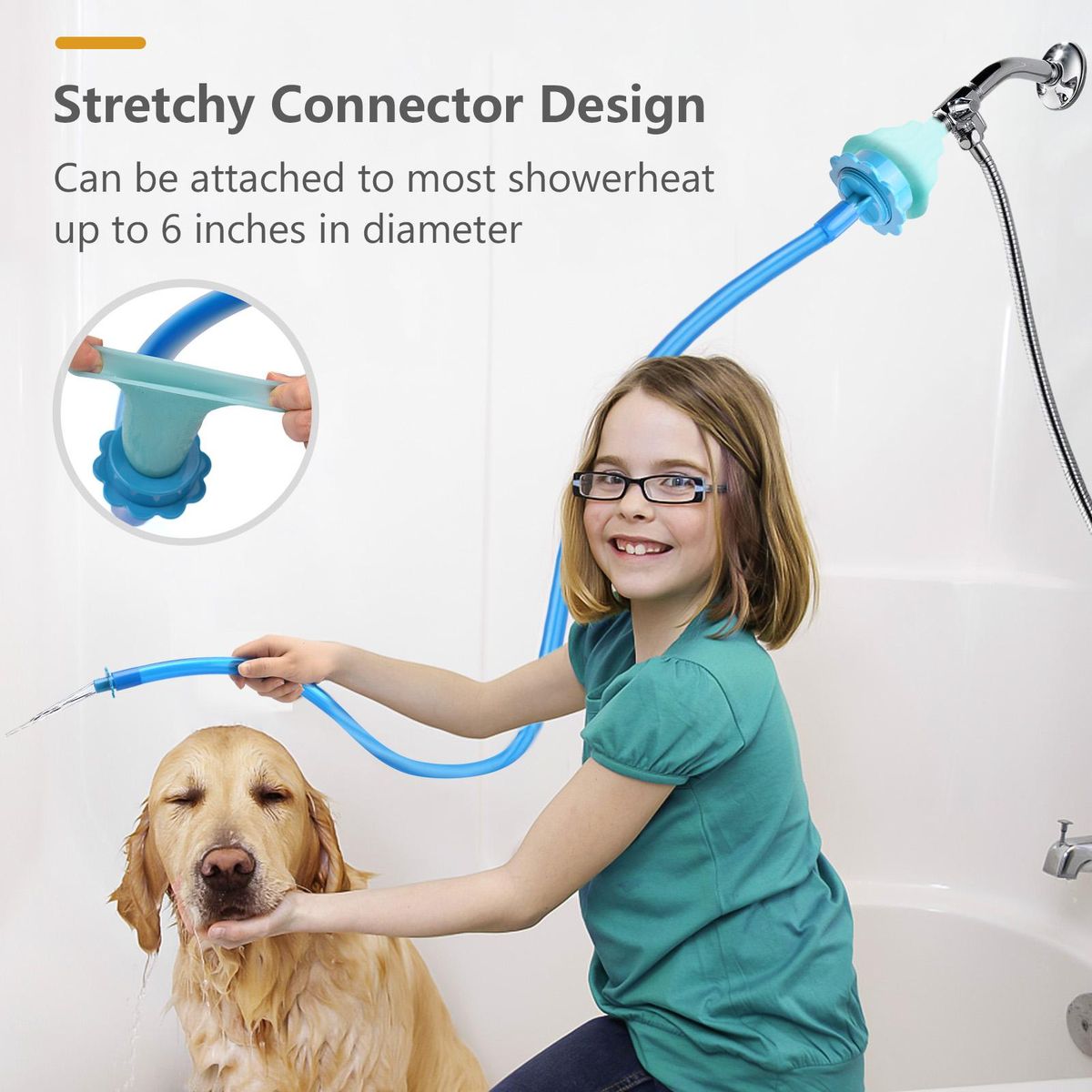 Slip-on Dog Wash Hose Attachment Handheld Pet Shower Hose for Showerhead Sink 5FT Hose Length Fits Up to 6 Inch Diameter Heads (NOT for Tub Water Tap)