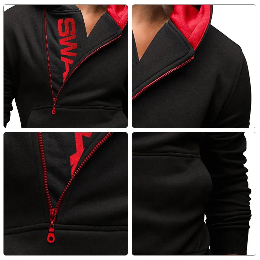 Men's Oblique Zippers Hoodie Trendy Jacket Sweatshirts-Black