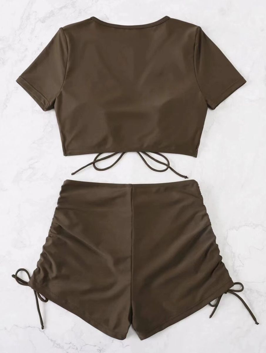 (Black)High Waist Bikini Set Solid Swimwear Women Swimsuit 2022 New Boyleg