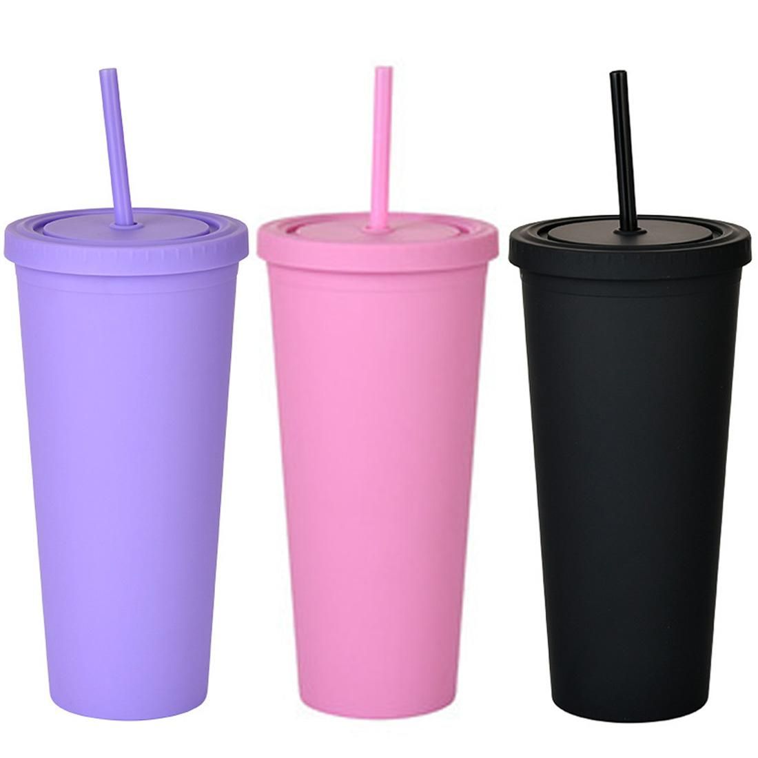 3 Colors Premium Plastic Tumbler with Straw Lid, Double-Walled Matte Handy Cup