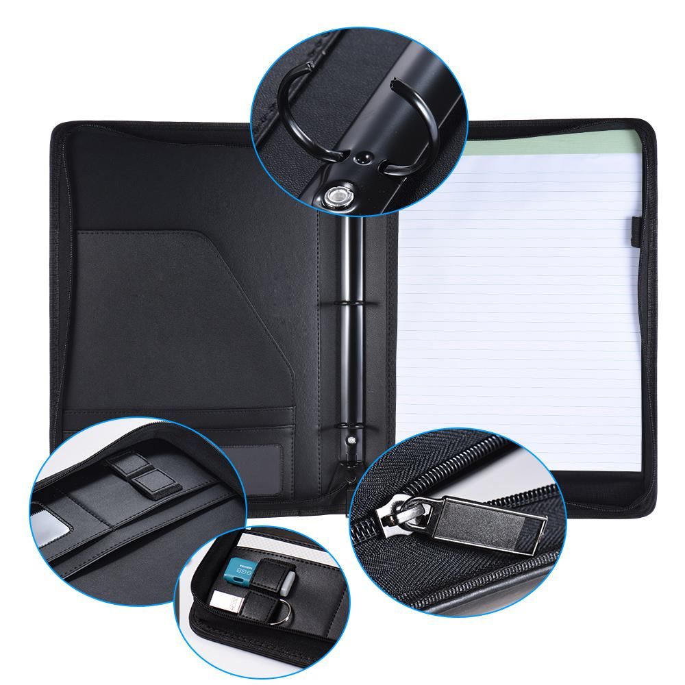 Multifunctional Professional Business Portfolio Padfolio Folder Document Case Organizer A4 PU Leather Zippered Closure Loose-leaf Loop with Business Card Holder Memo Note Pad