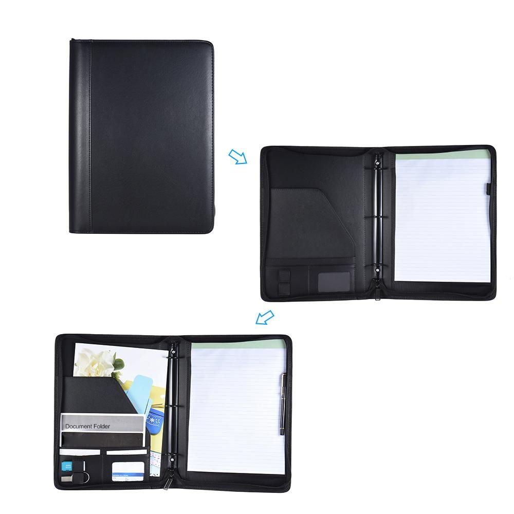 Multifunctional Professional Business Portfolio Padfolio Folder Document Case Organizer A4 PU Leather Zippered Closure Loose-leaf Loop with Business Card Holder Memo Note Pad