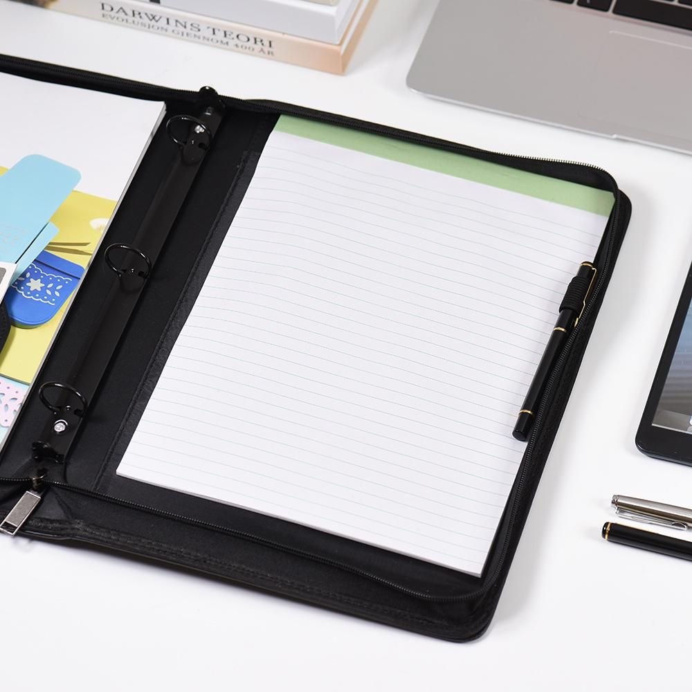 Multifunctional Professional Business Portfolio Padfolio Folder Document Case Organizer A4 PU Leather Zippered Closure Loose-leaf Loop with Business Card Holder Memo Note Pad