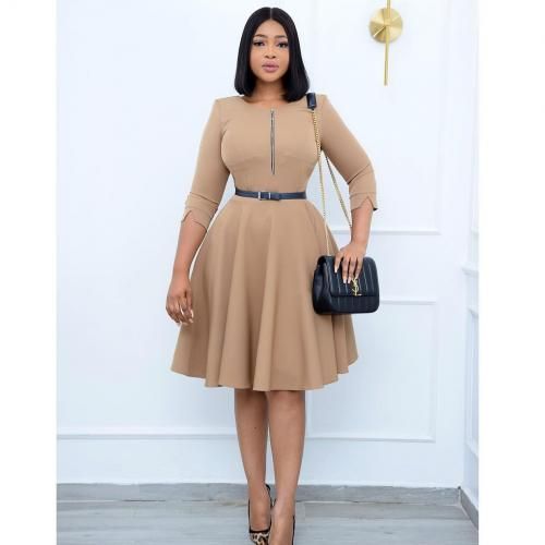 Front Zipper Skater Dress - Nude