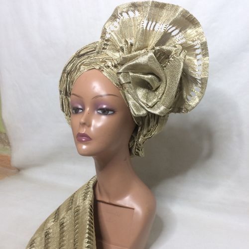 Auto Gele And Ipele In Champagne Gold With Side Rose In Jawu Asooke