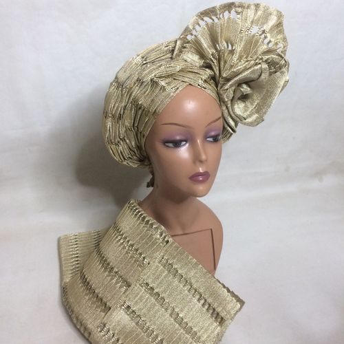 Auto Gele And Ipele In Champagne Gold With Side Rose In Jawu Asooke