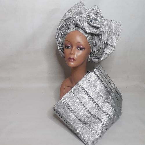 Auto Gele And Ipele In Shiny Silver Asooke