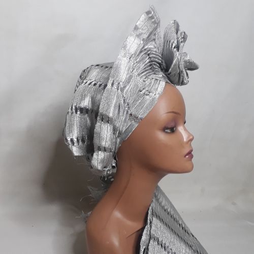 Auto Gele And Ipele In Shiny Silver Asooke