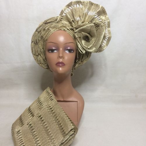 Auto Gele And Ipele  Gold With Side Rose In Jawu Asooke