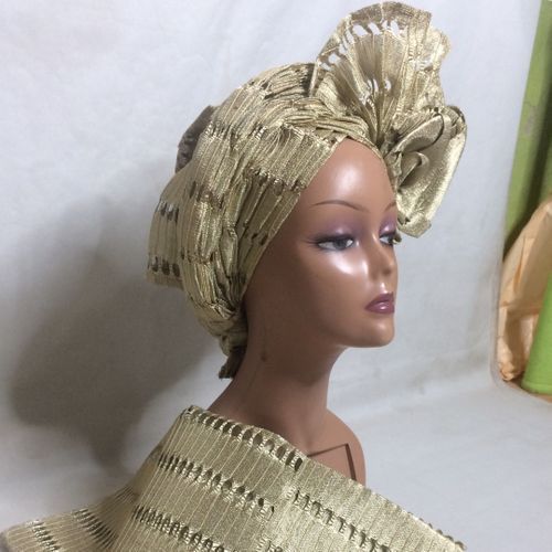 Auto Gele And Ipele  Gold With Side Rose In Jawu Asooke