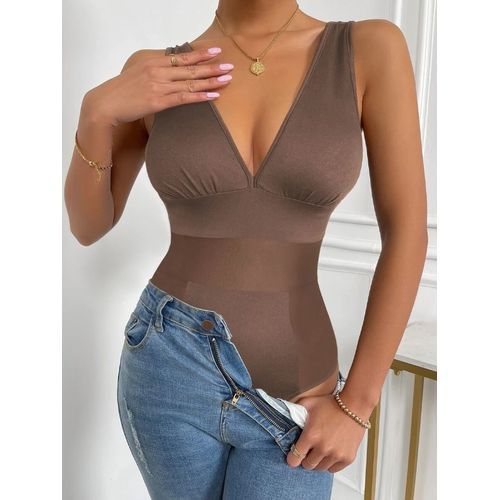 Ladies Mesh Insert Tank Bodysuit - Mocha Brown