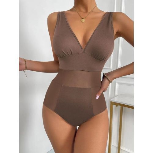 Ladies Mesh Insert Tank Bodysuit - Mocha Brown