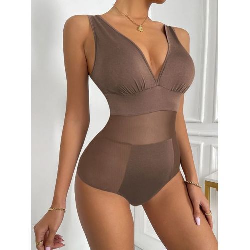 Ladies Mesh Insert Tank Bodysuit - Mocha Brown
