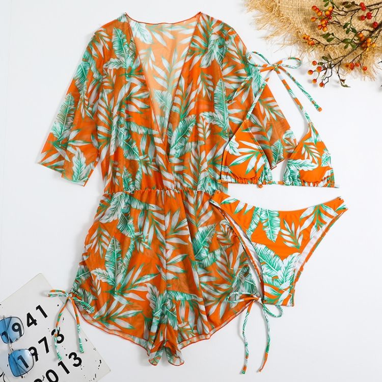 Leaf-print Three-Piece Long-sleeved Swimsuit