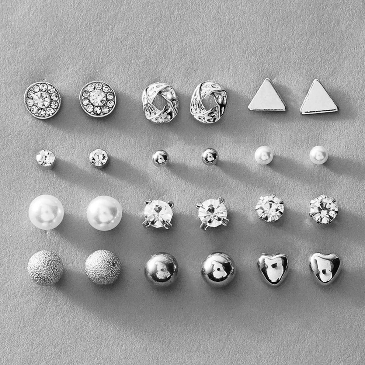 12 Pairs Stud Earring Set - Silver