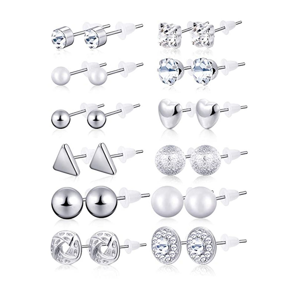 12 Pairs Stud Earring Set - Silver