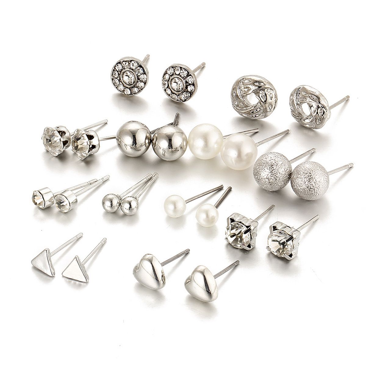 12 Pairs Stud Earring Set - Silver