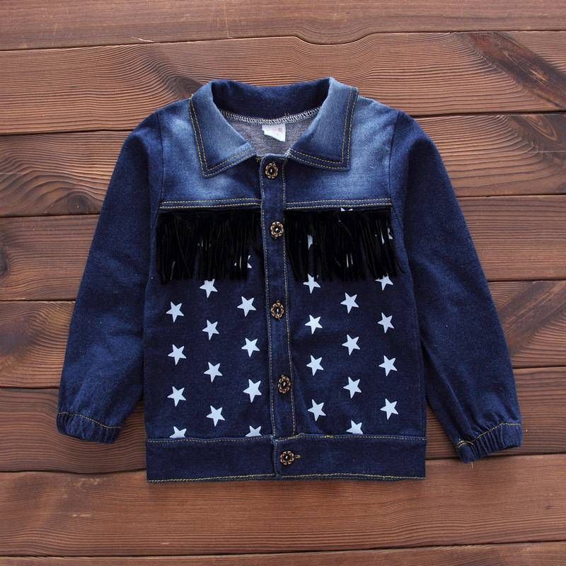 Kids Long Sleeve Star T-Shirt + Denim Coat + Trousers Suit