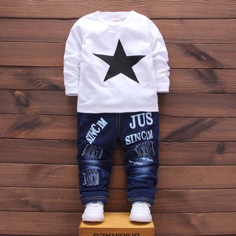 Kids Long Sleeve Star T-Shirt + Denim Coat + Trousers Suit