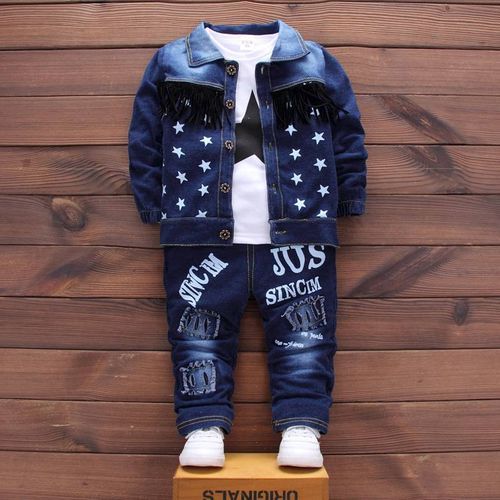 Kids Long Sleeve Star T-Shirt + Denim Coat + Trousers Suit